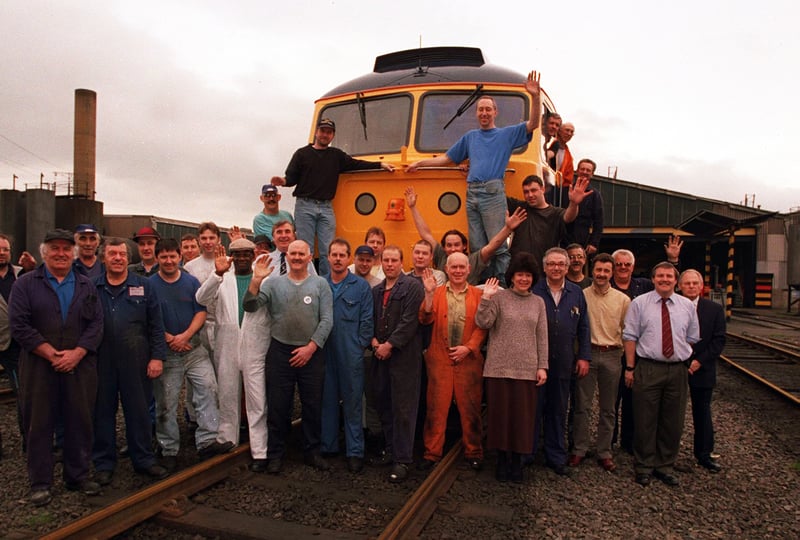 Pictured is the last locomotive to leave the Tinsley Marshalling Yard on Wood Lane with all the staff of the yard, on March 27, 1998