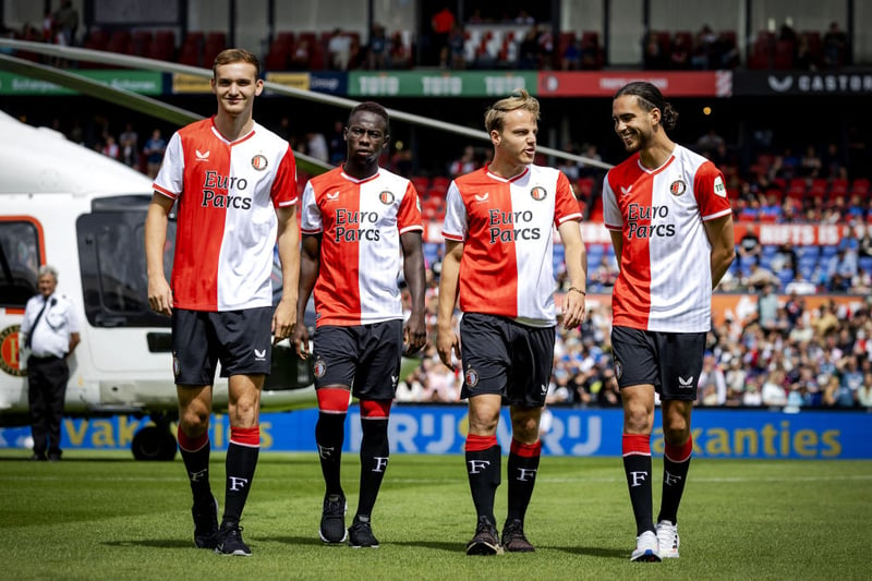 Minteh (second from left) joined from Danish side OB for £7million before joing Dutch champions Feyenoord on a season-long loan. 
