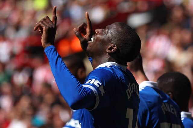 Abdoulaye Doucoure of Everton celebrates after scoring the team's first goal during the Premier League match between Sheffield United and Everton FC at Bramall Lane on September 02, 2023 in Sheffield, England. (Photo by George Wood/Getty Images)