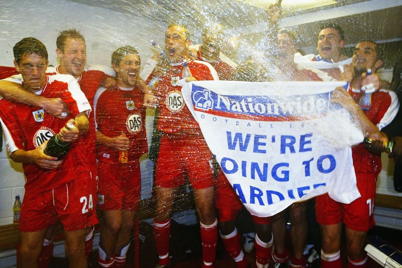 City players celebrate in the dressing room after winning against Hartlepool United during the second leg of the Nationwide Second Division play-off match between Bristol City and Hartlepool United at Ashton Gate, on May 19, 2004.  (Photo by Paul Gilham/Getty Images)