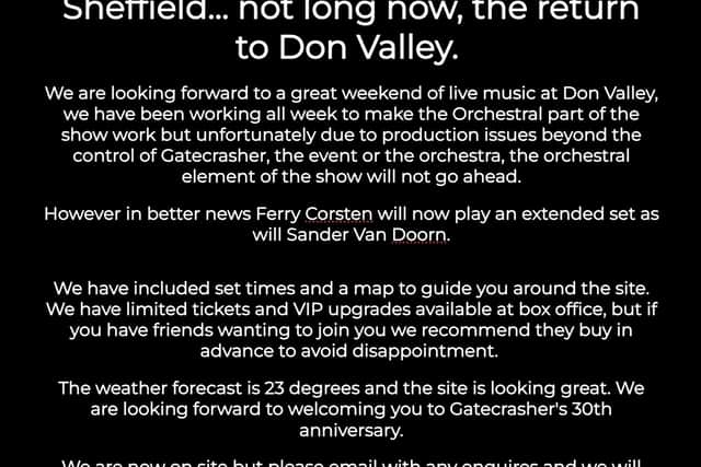 A statement by Gatecrasher's organisers say a 30-piece orchestra at the centre of its Gatecrasher Classical event will not be playing on September 3.