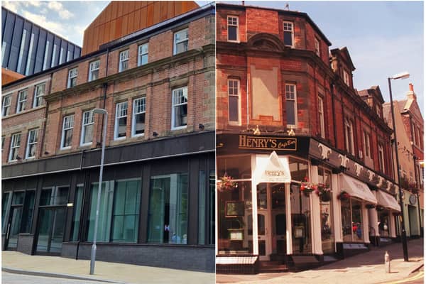 Side by side showing the corner of Wellington Street and Cambridge Street. Left is it currently empty in present day and right is Henry's Cafe Restaurant in 1999.