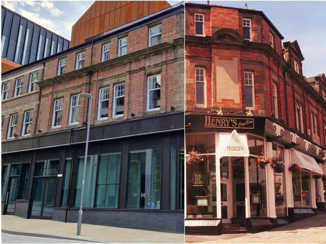 Side by side showing the corner of Wellington Street and Cambridge Street. Left is it currently empty in present day and right is Henry's Cafe Restaurant in 1999.