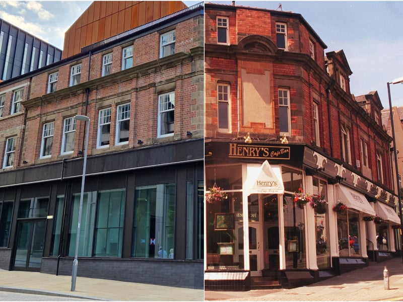 Side by side showing the corner of Wellington Street and Cambridge Street. Left is it currently empty in present day and right is Henry's Cafe Restaurant in 1999.