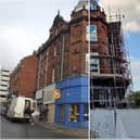 Side by side of the shop on the corner of Cambridge Street and Pinstone Street. Left is in 2005, right is during its ongoing redevelopment in 2023.