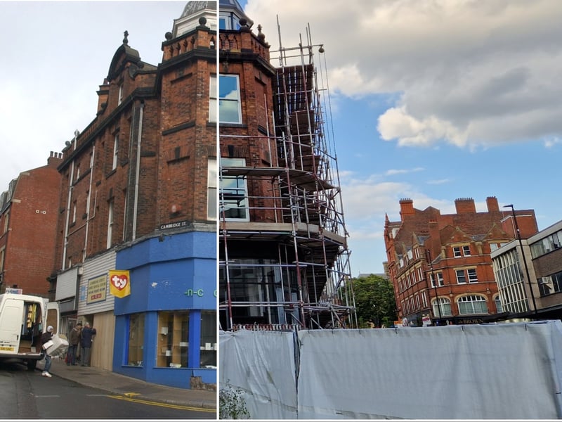 Side by side of the shop on the corner of Cambridge Street and Pinstone Street. Left is in 2005, right is during its ongoing redevelopment in 2023.
