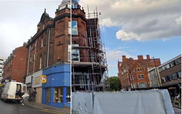 Side by side of the shop on the corner of Cambridge Street and Pinstone Street. Left is in 2005, right is during its ongoing redevelopment in 2023.
