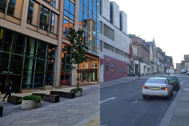 A side by side of the view up Cambridge Street; left is modern day, and right is December 2000 with a is a glimpse of the former shop row of shops, which was demolished for renovated for the HSBC building and new shops.