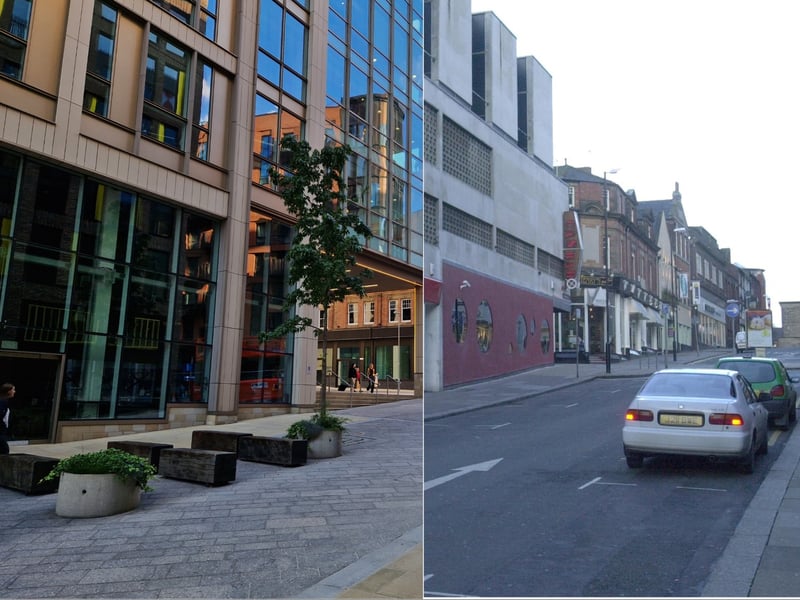 A side by side of the view up Cambridge Street; left is modern day, and right is December 2000 with a is a glimpse of the former shop row of shops, which was demolished for renovated for the HSBC building and new shops.