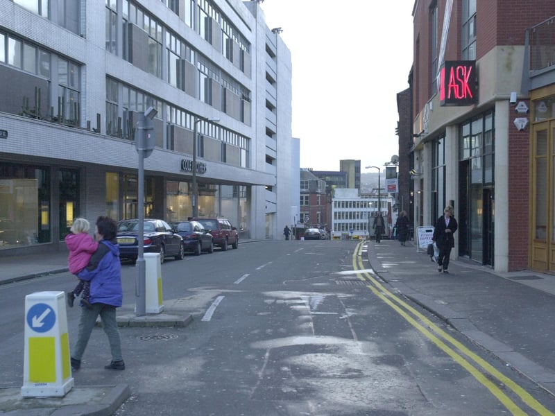 Cambridge Street in 2001, with the lights still on in Cole Brothers and ASK Italian to the right.