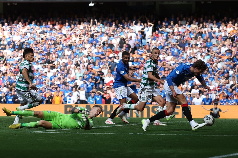 Rangers substitute Sam Lammers find the side-netting after rounding Celtic goalkeeper Joe Hart.