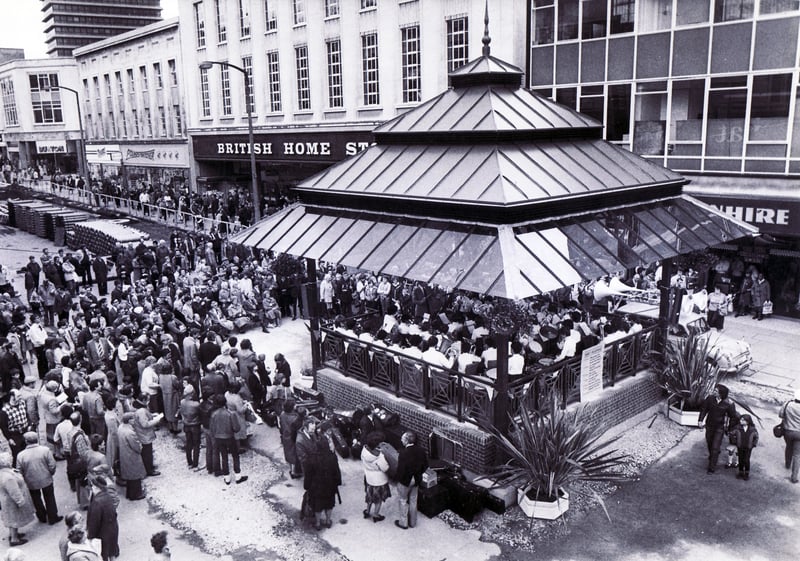 The bandstand on The Moor, Sheffield, in 1983, with British Home Stores visible
