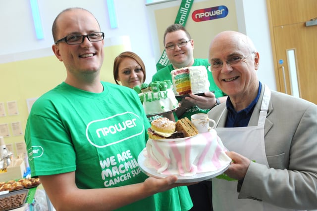 Great British Bake Off finalist Brendan Lynch, judging NPower's Cake Off, with winner Chris Hogg and runners up Louise Thornton and David Turner.