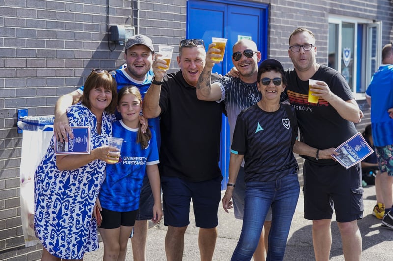 Fans pose outside Fratton Park ahead of Pompey v Peterborough United