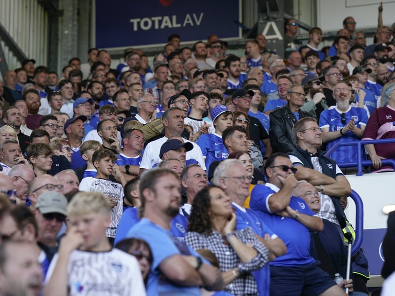 Portsmouth fans during the EFL Sky Bet League 1 match between Portsmouth and Peterborough United at Fratton Park, Portsmouth, England on 2 September 2023.