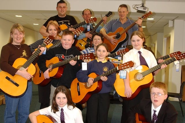 The Guitar Club at Venerable Bede School in 2004 with the guitars they bought from a Lottery grant.