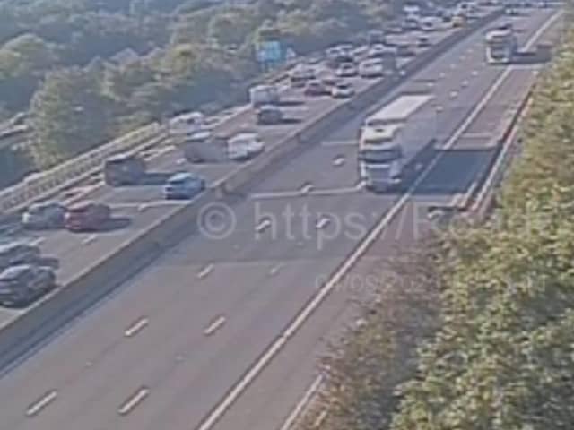 Queuing traffic on the M1 this afternoon after fire near Sheffield between j34 and 35 southbound