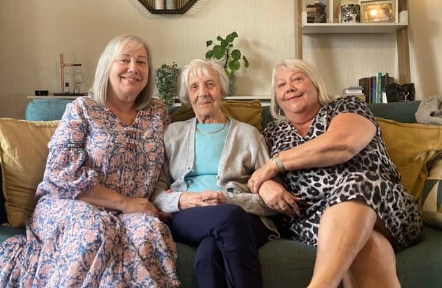 Annie (middle) with her daughters Gill (left) and Jan (right)