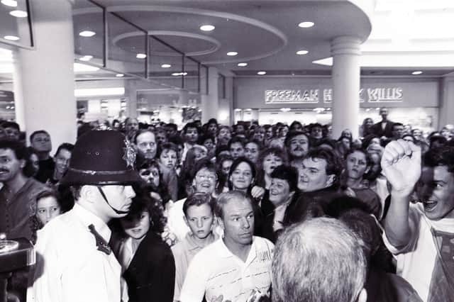 Crowds on the opening day at Meadowhall shopping centre, on September 4, 1990