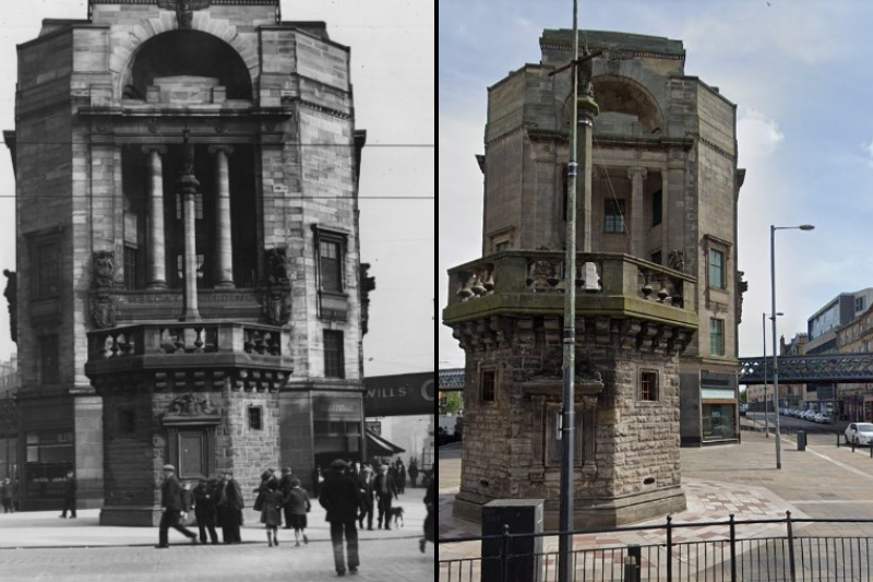 Mercat Cross on High Street has always been the gate to the east end of Glasgow - while it still stands proud since 1937 when the old image was taken - much of the world around it has changed.