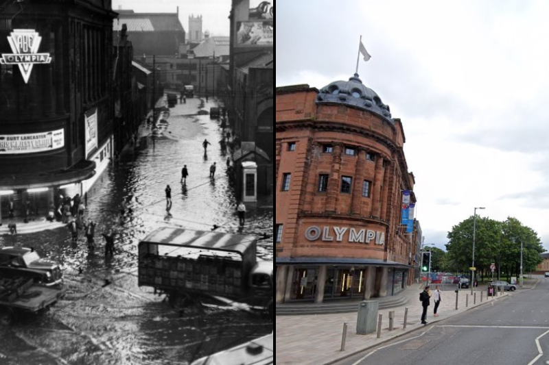 A flooded Bridgeton Cross from 1954. Most of the Olympia would later be demolished due to fire damage, but the historic facade was retained.