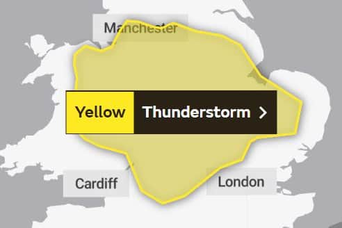 A yellow weather warning has been issued for Sheffield and much of England this Saturday, September 9, between 2pm and 9pm. Photo: Met Office