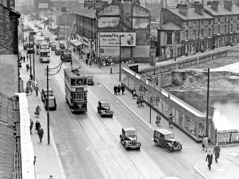 The Moor, Sheffield, looking towards the junction with Prince Street, in September 1950. A temporary window display belonging to John Atkinson can be seen on the right. Photo: Picture Sheffield/Press Photo Agency
