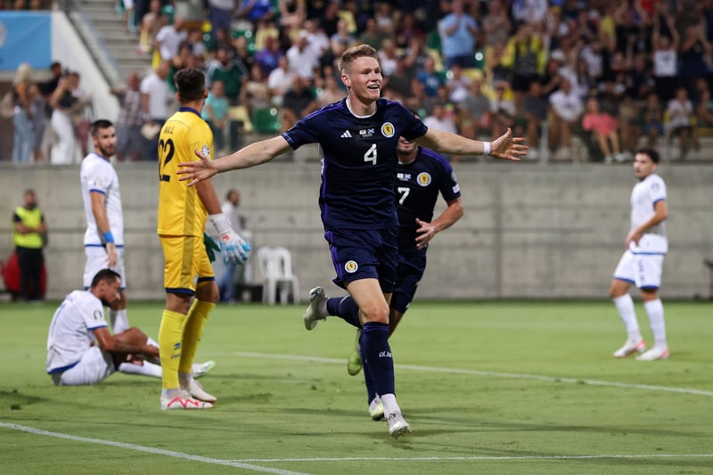 Scott McTominay celebrates after scoring Scotland’s first goal during the UEFA Euro 2024 European qualifier against Cyprus at the AEK Arena.