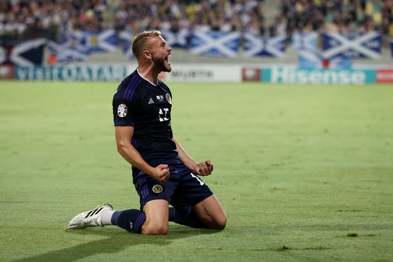 Ryan Porteous of Scotland celebrates after scoring the team’s second goal.
