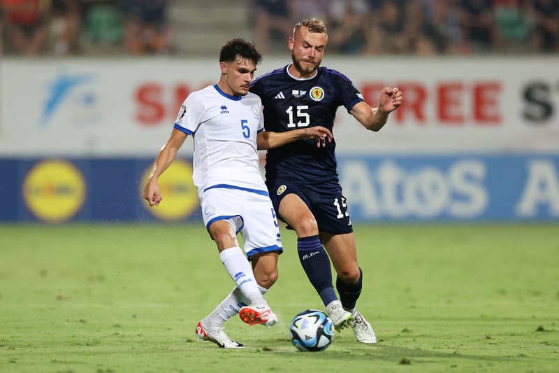 Charalampos Charalampous of Cyprus battles for possession with Ryan Porteous.