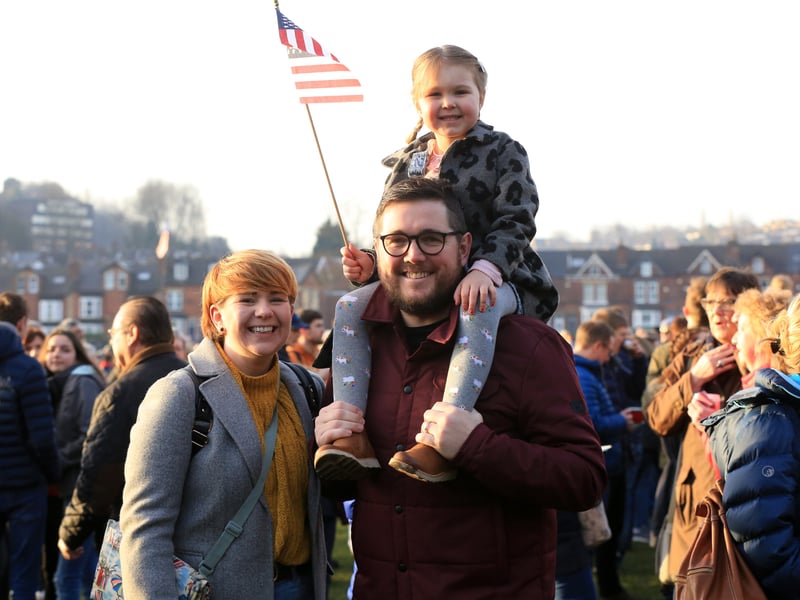 Crowds gather as war planes from Britain and the United States stage a flypast tribute to 10 US airmen 75 years after they crashed to their deaths in Endcliffe Park, Sheffield. The Mi Amigo flypast over Endcliffe Park was broadcast live on BBC Breakfast on Friday, February 22, 2019. Pictured are Faye, Steadman, Alex Steadman, and Pearl, four. Picture: Chris Etchells