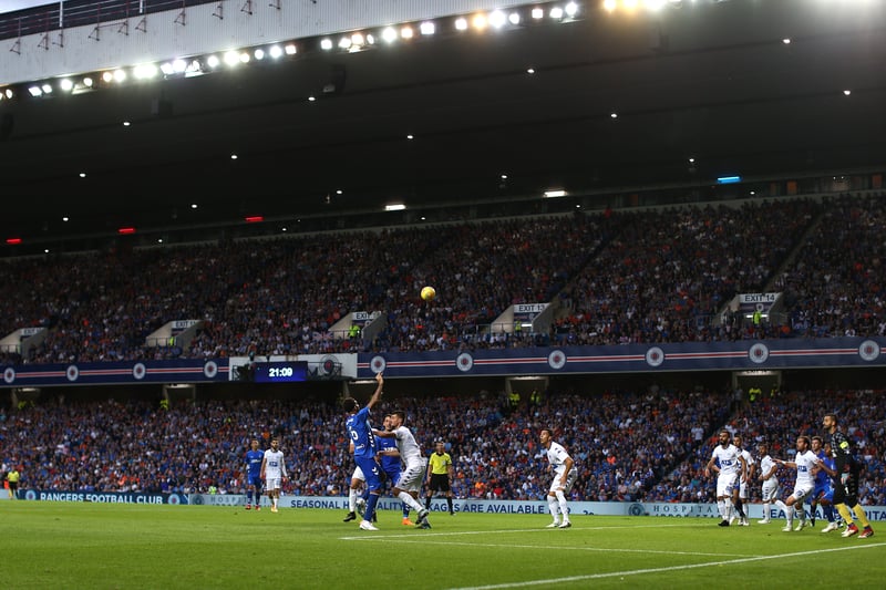 General view of play during the UEFA Europa League qualifying round match between Rangers and Shkupi at Ibrox Stadium in 2018. 