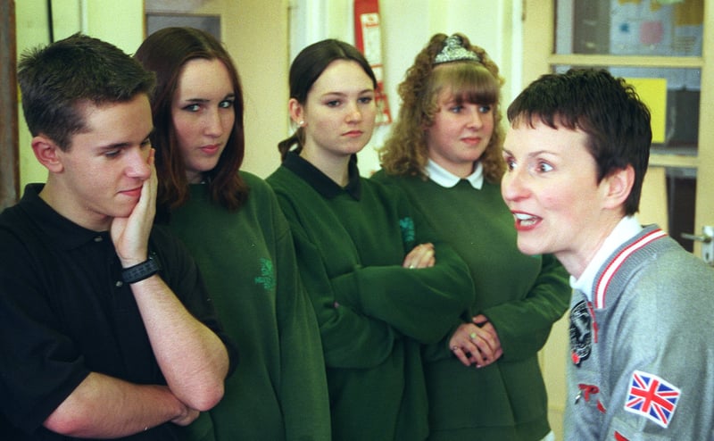 Helen Sharman, the first Briton in space, pictured at her old school, Meadowhead School, in Sheffield, where she returned to talk to pupils in 1999.