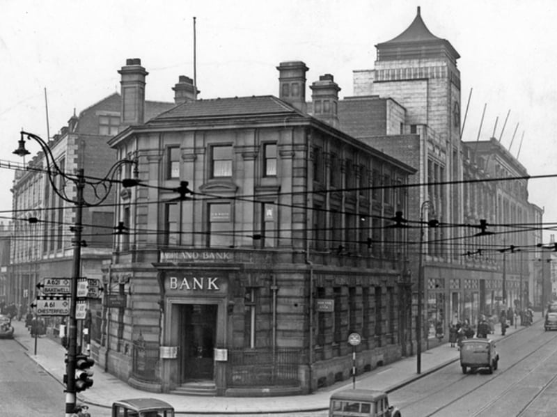Midland Bank, on Ecclesall Road, Sheffield, with Cemetery Road to the left, and Sheffield and Ecclesall Co-op, The Arcade in the background, in 1952. Photo: Picture Sheffield/Press Photo Agency