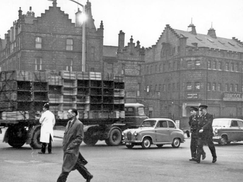 Castlegate, Sheffield, at its junction with the Wicker, showing the Royal Exchange Flats, in 1964. Photo: Picture Sheffield/Sheffield Newspapers