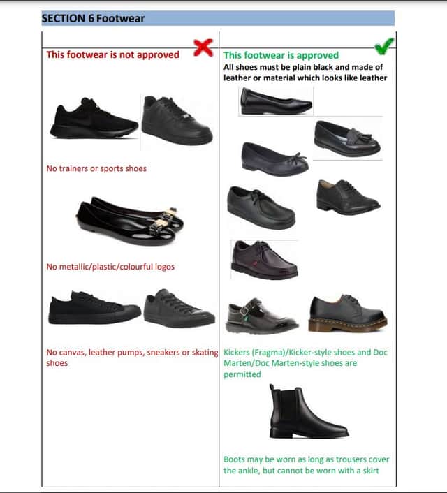 A guide to the new shoes policy published on the Aston Academy website, showing how all shoes other than those that are made of leather or a similar-looking material will be restricted. Other restrictions include a ban on trousers "that cling to the ankle", coloured hairclips and clip-on ties only.
