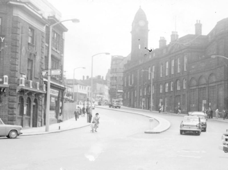 Waingate, Sheffield, from the Castlegate junction, in 1963, looking towards the Old Town Hall, with the Bull and Mouth pub on the left