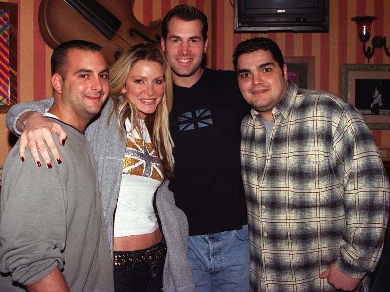 Caprice meets Sheffield Steelers stars including Jason Weaver and Mike Torchia after her live performance at Brannigans, in Sheffield's Valley Centertainment complex in 2001