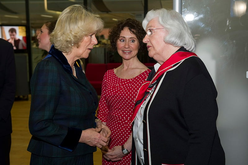 Queen Camilla with Patricia Greene, who plays Jill Archer in the show during the Duchess’s visit to BBC Birmingham on February 16, 2011 in Birmingham, England. (Photo by Arthur Edwards - WPA Pool via Getty Images)