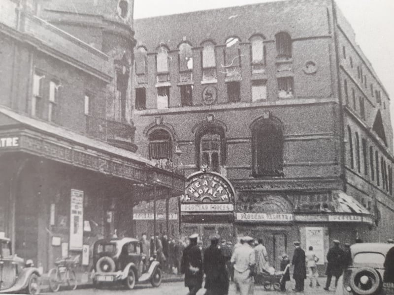 The Theatre Royal stood across the road from The Lyceum on the  opposite corner of Tudor Square. It was opened in 1773, but almost entirely rebuilt in 1855. It was destroyed by fire in 1935