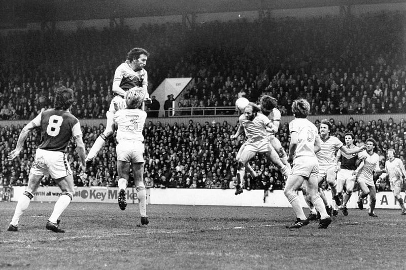 24th April 1980:  Birmingham City attempt to clear a West Ham United airborne attack by Trevor Brooking.  (Photo by Frank Tewkesbury/Evening Standard/Getty Images)