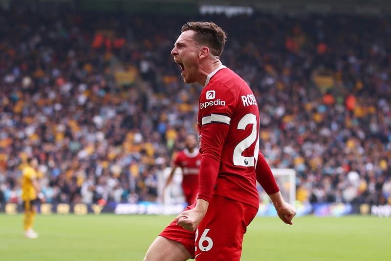 Andrew Robertson of Liverpool celebrates after scoring their sides second goal during the Premier League match between Wolverhampton Wanderers and Liverpool FC at Molineux on September 16, 2023 in Wolverhampton, England. (Photo by Naomi Baker/Getty Images)