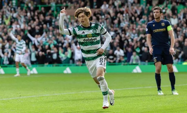 Kyogo Furuhashi celebrate scoring Celtic’s second goal against Dundee.
