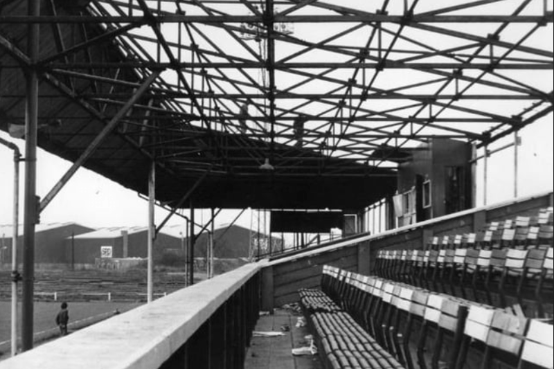 Dismantling operations were well under way in this 1974 view of Simonside Hall. The main stand is reduced to a skeleton as workmen remove the roof. Photo: Shields Gazette