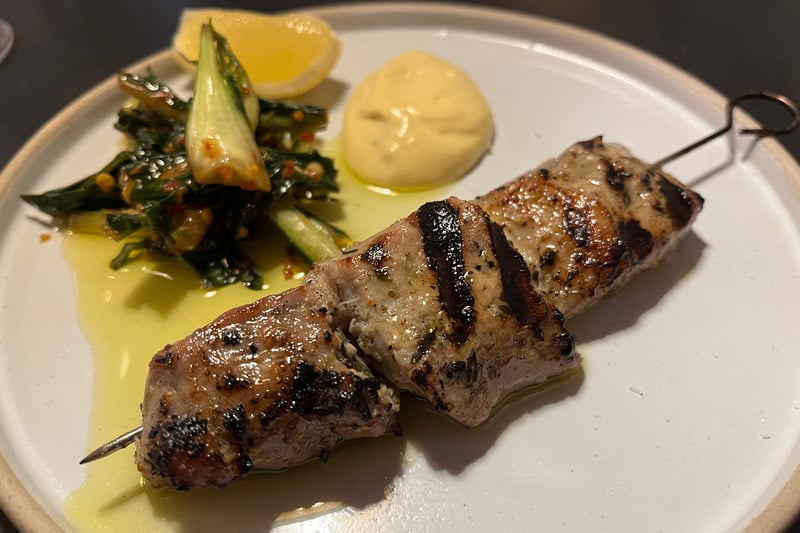 Spiedino of vitello (veal skewer) with puntarelle kimchi and anchovy aioli is one of the delicious starters.
