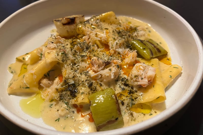 The Cornish crab pappardelle, charred leeks, nori and chilli oil dish from the pasta section of the menu.