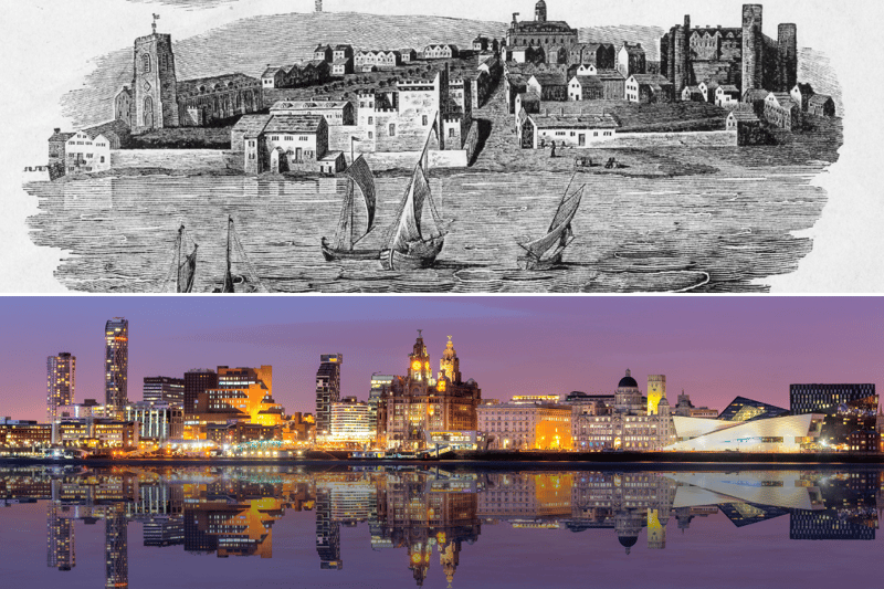 A view across the River Mersey towards Liverpool in 1650 and the city’s present day skyline.