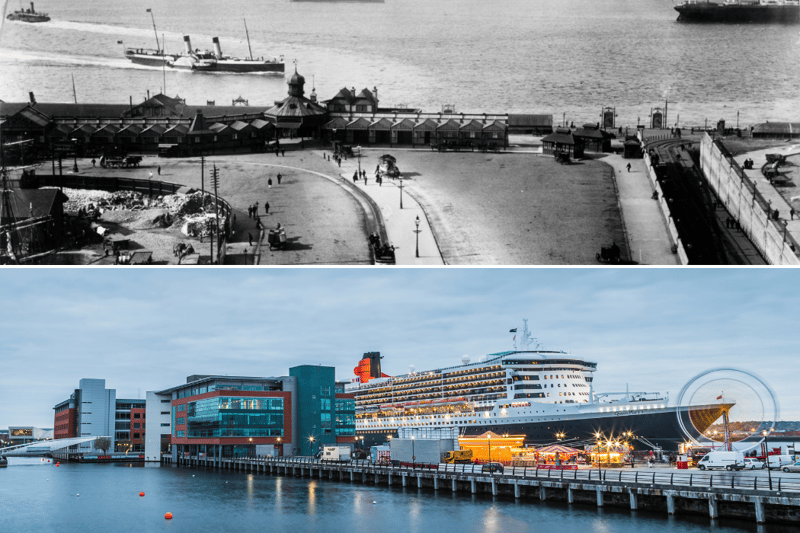 Built in 1771 as Liverpool’s third dock, it became too  small and too shallow for the big commercial ships of the 19th century and served as the landing area for passenger ships, and still does, from the Mersey Ferry to the Queen Mary II cruise liner pictured above.