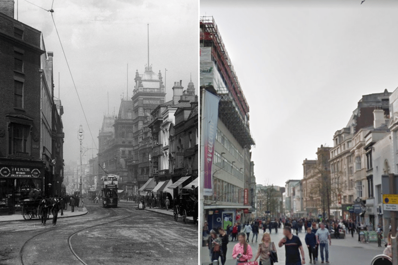 The street takes its name from St Peter’s Church, which was demolished in 1922. Once lined with horse and carriages and trams, it is now pedestrianised as one of the main shopping streets in the city. It is home to the likes of Primark and TK Maxx.
