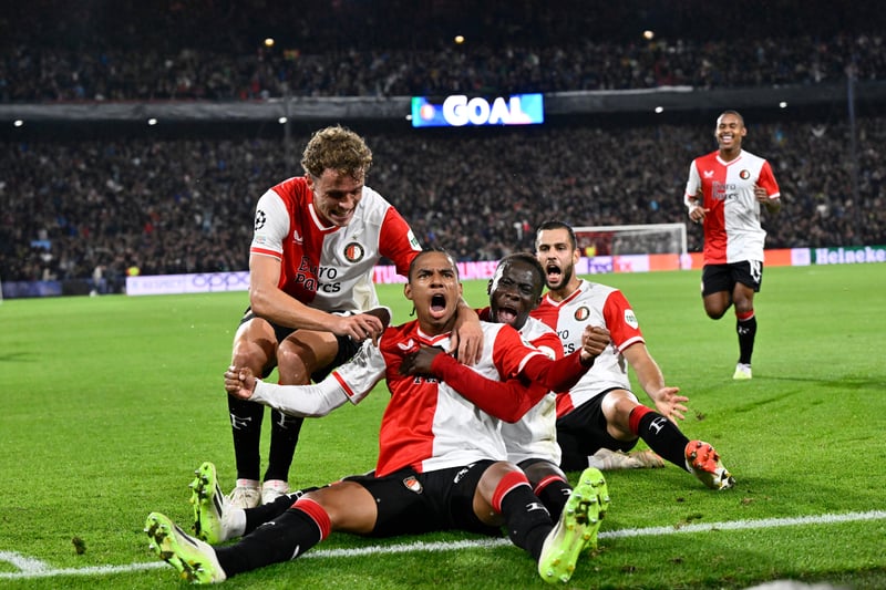 Feyenoord’s Calvin Stengs (C) celebrates after scoring the opening goal against Celtic on the stroke of half-time